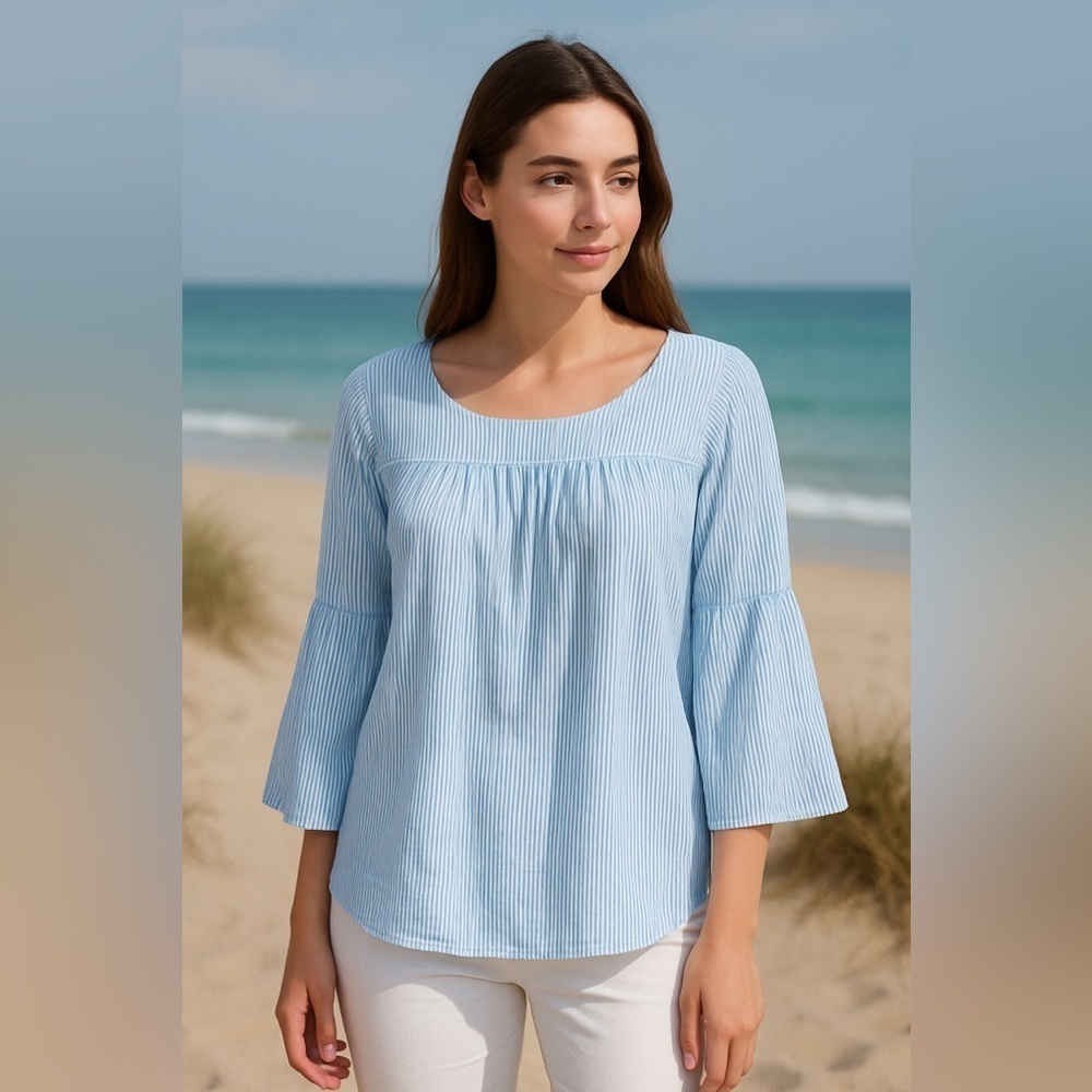 LOFT Blue Striped Bell Sleeve Blouse Women’s S Semi-Sheer Nautical Preppy Coast